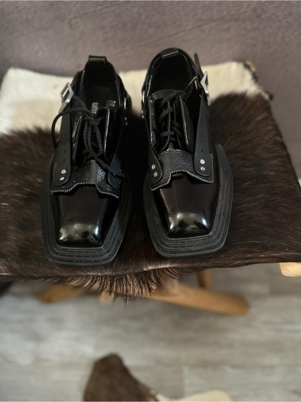 untitlab Black Patent Leather Buckle Platform Derby Shoes Size 38